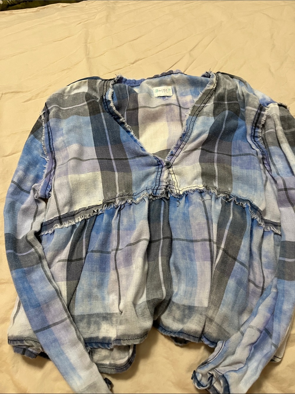 love Fire Light Blue and Gray Plaid Top